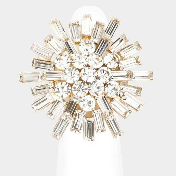 Round Rectangle Clear Stone Cluster Gold Stretch Ring NWT - Picture 1 of 6